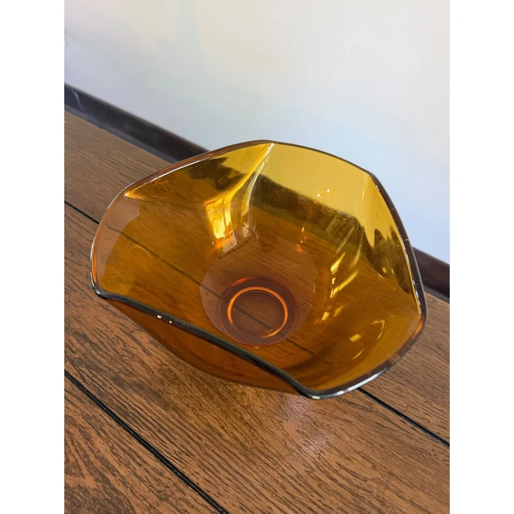 Amber Glass bowl MCM Tri-Corner Art Glass Centerpiece heavy thick